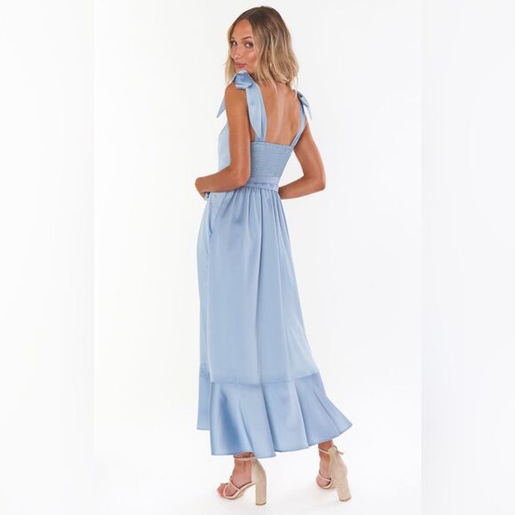Show Me Your Mumu Claire Midi Dress | Small | Steele Blue Luxe Satin - Picture 3 of 10